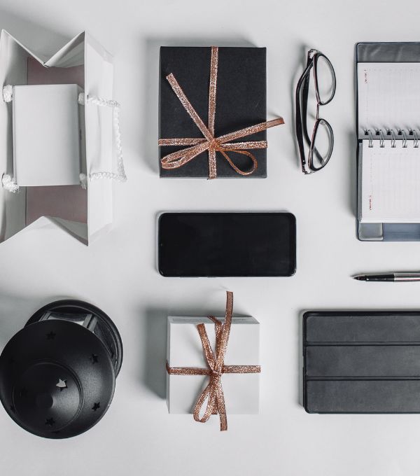 Flat lay gift accessories and wrapping supplies